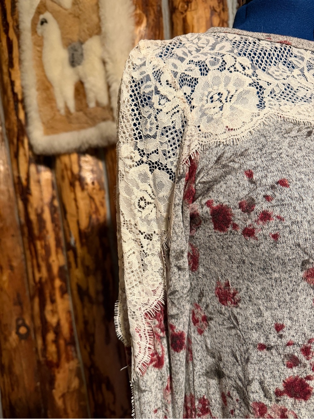 Rewind Cream Lace and Gray Floral Scoop Neck Sweater